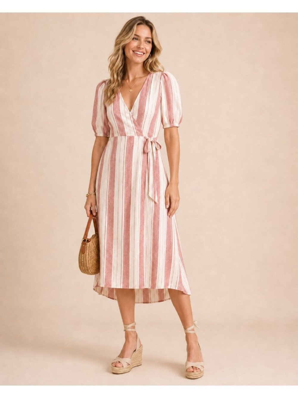 Reformation Womens Red & White Striped Linen Wrap Dress Medium With Puff Sleeves